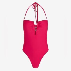 Express Pink One Piece Swimsuit High Cut V Neck 
SIZE L